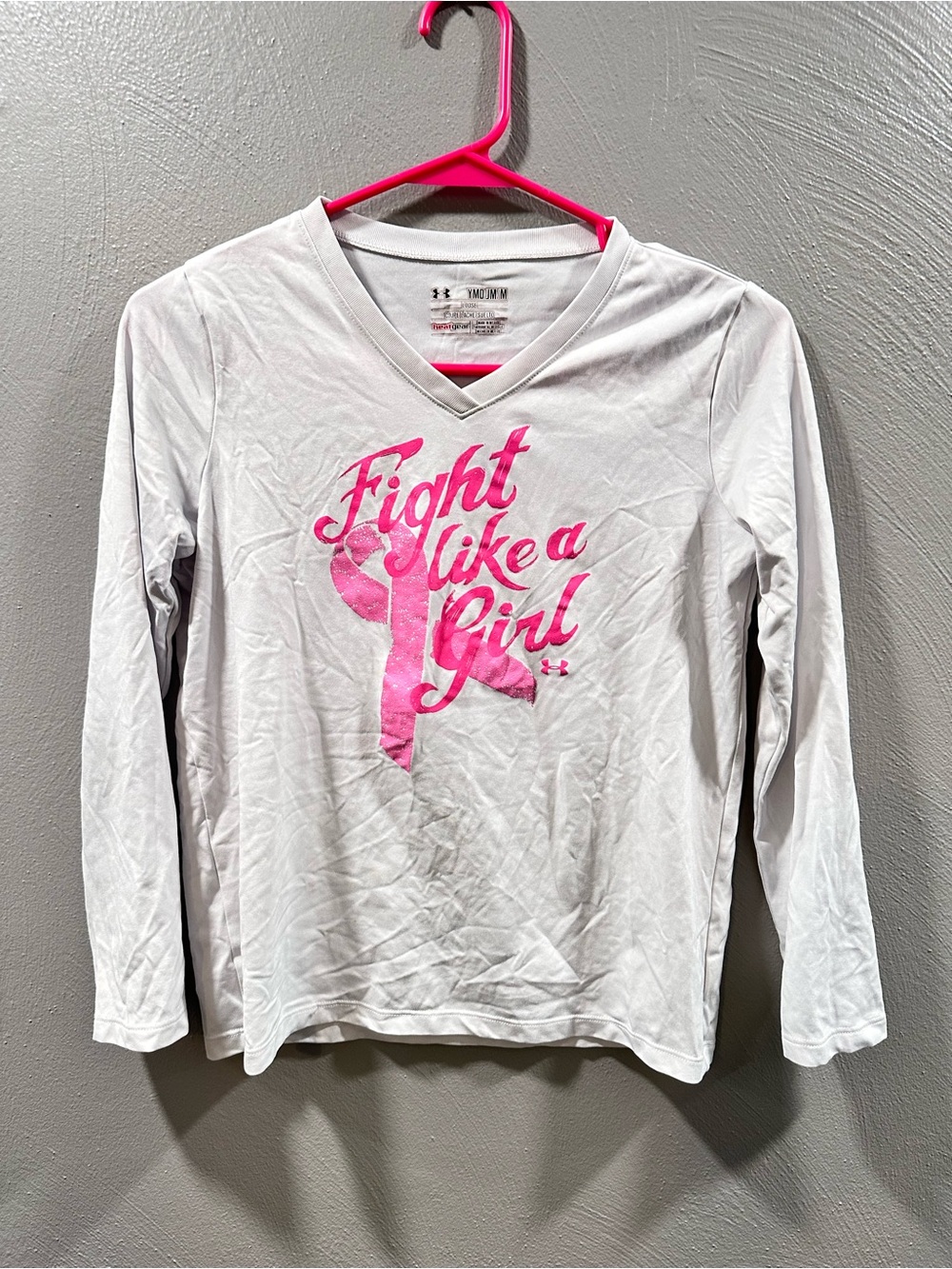 Under Armour White V-Neck Tee with Pink Script